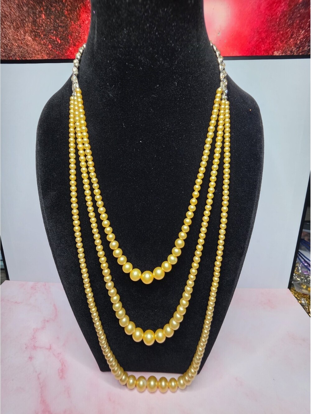 Antique Art Deco Sterling Silver 3 Strand Faux Pearl Necklace Patented 1915
